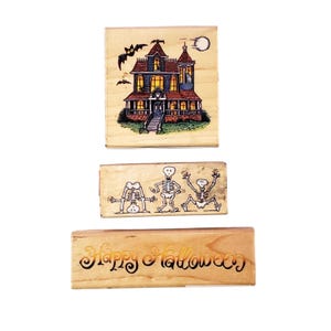 Pre-owned 3pc Halloween Rubber Stamps - Haunted House Stamp, Happy Halloween Stamp, Skeletons Stamp for Scrapbook Halloween crafts (STAMP62)