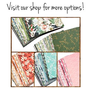 May include: A stack of patterned paper in various colors and designs, including floral, geometric, and abstract patterns. The paper is arranged in a grid pattern, with each stack of paper showing a different design. The text "Visit our shop for more options!" is visible at the top of the image.