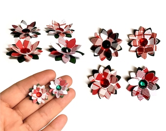 1-inch red & white paper poinsettias – Handmade plaid Christmas flowers mini Holiday embellishments for scrapbooking and DIY crafts