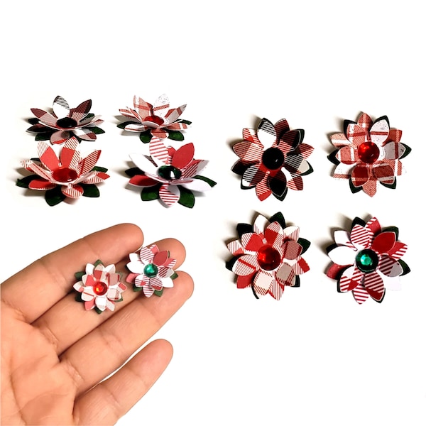 1 inch Red and White Paper Poinsettias Handmade Christmas Flowers, Plaid Poinsetta Christmas Embellishments, Plaid Mini Paper Flowers.