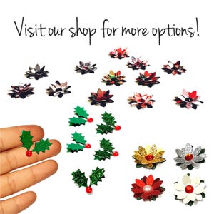 May include: Assortment of Christmas-themed embellishments, including holly leaves, poinsettia flowers, and plaid bows.  These decorative elements are perfect for adding a festive touch to crafts, cards, and other projects.  Visit our shop for more options!