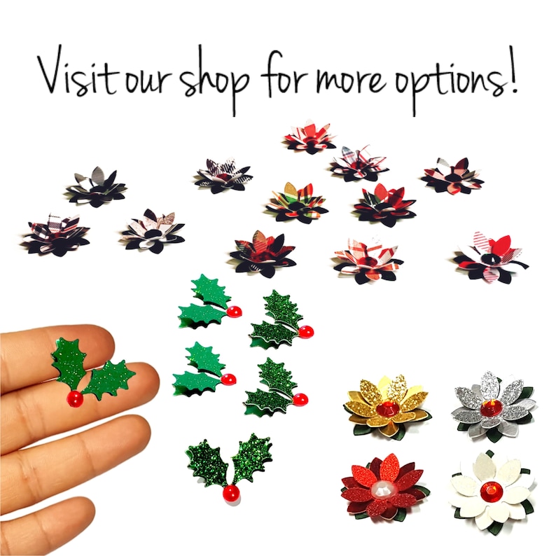 May include: Assortment of Christmas-themed embellishments, including holly leaves, poinsettia flowers, and plaid bows.  These decorative elements are perfect for adding a festive touch to crafts, cards, and other projects.  Visit our shop for more options!