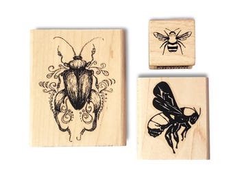 Pre-owned 3pc Bee Wood Stamps - Bug, Scroll Beetle, Insect Design Rubber Stamps for Scrapbooking, Handmade Cards & DIY Crafts (STAMP23)