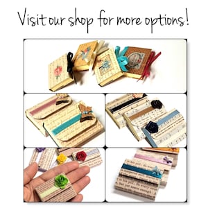 May include: Assortment of small, handmade, decorative boxes with various designs and patterns. The boxes are made of paper and have a vintage aesthetic. Some boxes feature floral designs, while others have musical notes or text.