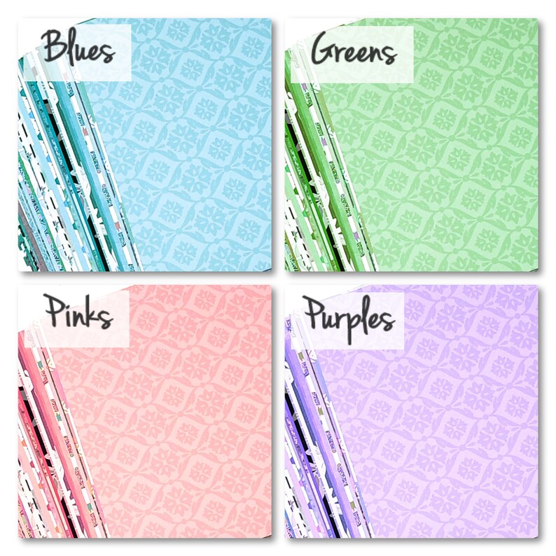 May include: Four stacks of patterned fabric swatches in different colors. The stacks are labeled "Blues", "Greens", "Pinks", and "Purples".