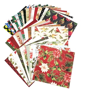 May include: A collection of square decorative paper sheets featuring various holiday-themed patterns including red poinsettias, pine branches, pinecones, cardinals, Christmas ornaments, Santa Claus figures, and festive text designs.