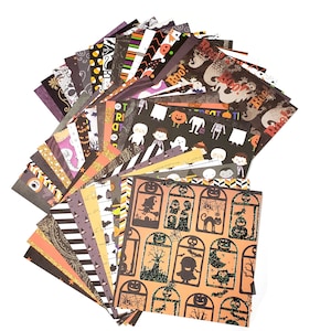 May include: A collection of Halloween-themed scrapbook paper sheets. The sheets display various patterns, including ghosts, pumpkins, and bats, in orange, black, and white. Some sheets have the word "Boo!" printed on them. The paper is ideal for crafting.