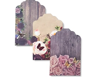 Rustic Vintage Style Paper Tags — Wooden Floral Gift Tags — Handmade Decorative Tags — Embellished Ephemera Tags — Journal Tuck Cards