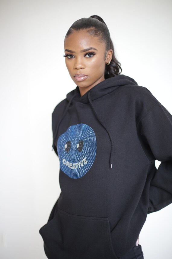 Rhinestone Hoodie Blue Smiley Face Etsy
