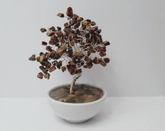 Tigers Eye Wire Gemstone Tree | Handmade Crystal Tree Sculpture | Bonsai Wire Art