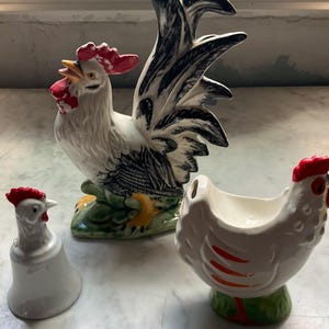 Vintage ceramic rooster figurine, ceramic hen and porcelain rooster bell