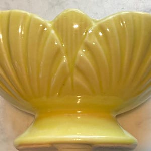 May include: A yellow ceramic planter with a scalloped edge and a pedestal base. The planter has a floral design.