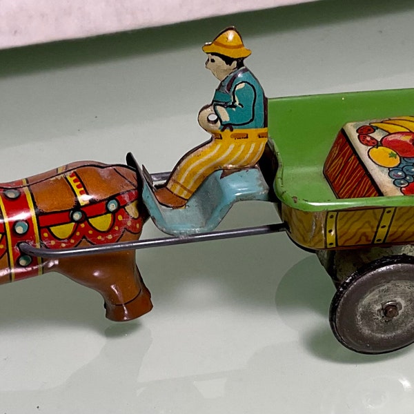 Vintage Alps Friction toy tin donkey with fruit cart made in Japan