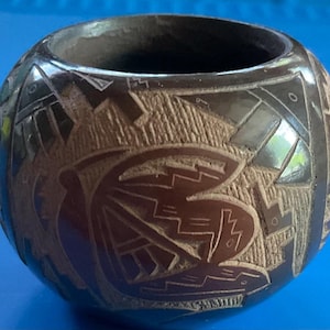 Vintage  Handmade by Candelaria Suazo Santa Clara Pueblo Miniature /Small Black Brown Etched/Polished Bowl.