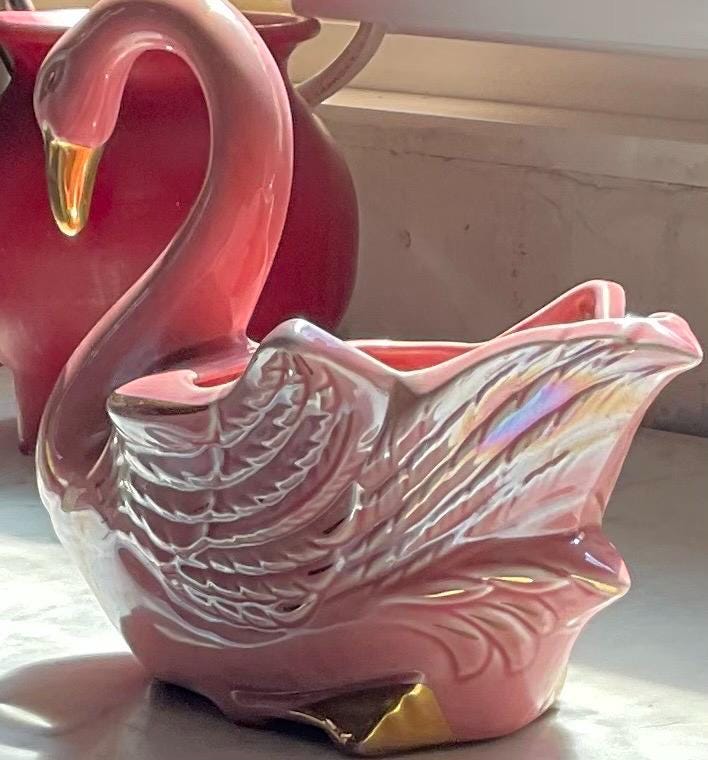 Vintage Pink Swan Ceramic Planter Gold Accents and Iridescent