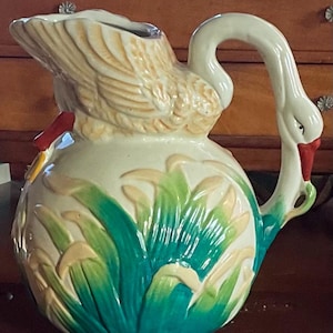 Antique Japanese Hand Painted MajolicaCeramic Swan Pitcher