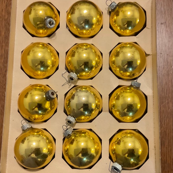 12 vintage shiny bright gold ornaments