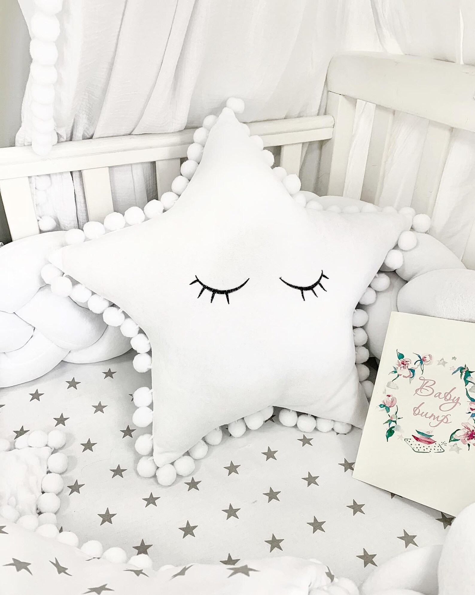 Muslin Canopy With Pom Poms Etsy