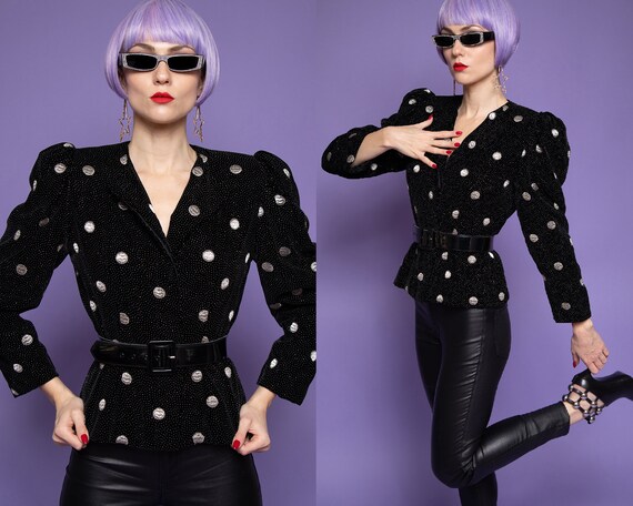Lanvin vintage 80's black velvet polka dot & spark
