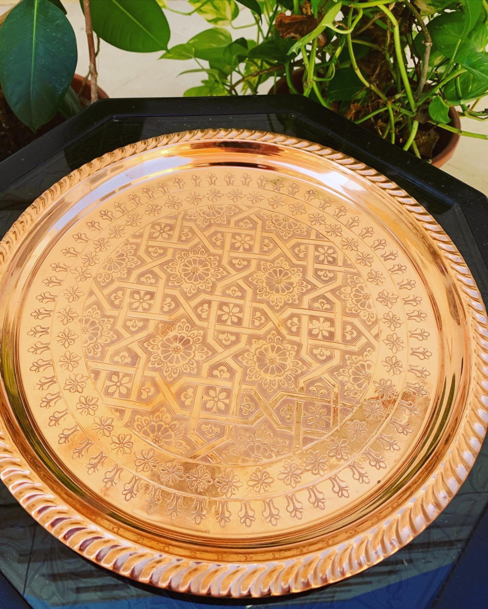 Handmade Copper Tea Tray – Traditional Moroccan Brass Service Tray — view 2