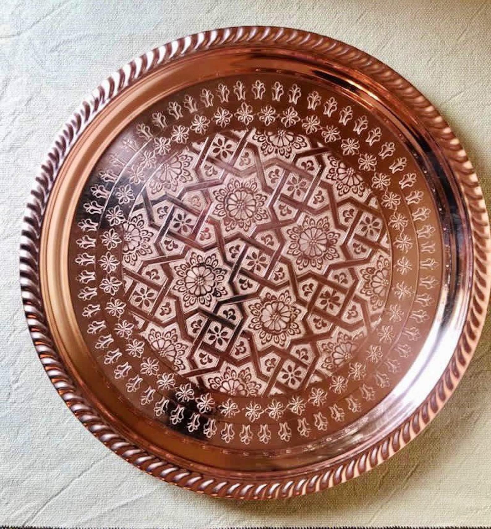 Handmade Copper Tea Tray – Traditional Moroccan Brass Service Tray — view 5