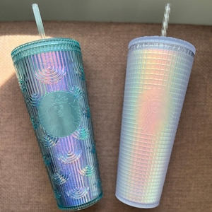 NEW 2022 Starbucks Spring Iridescent Venti Tumblers (Soft Touch Frosted White Grid & Mermaid)