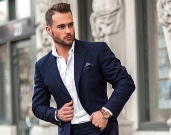 Men's Two Piece Navy Collar Mens Suit For Wedding,Engagement,Grooms wear And Groomsmen By TheSuitLoft Crafted with high-quality materials