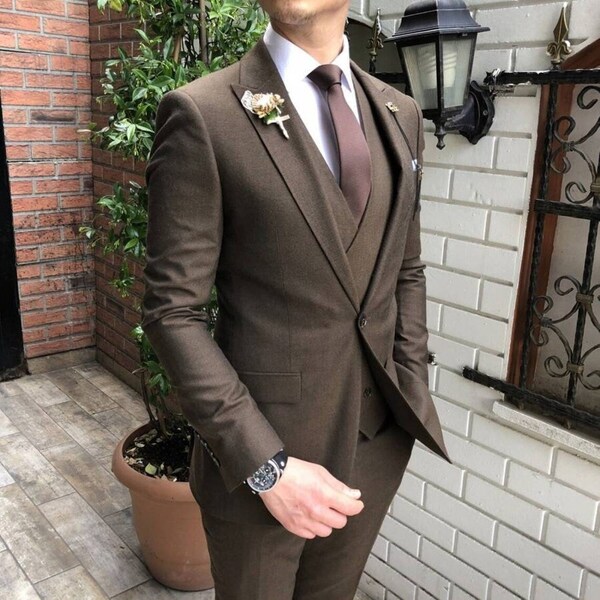 Buy Men's Trendy Three Piece Brown Mens Suit for Wedding, Stylish Wedding Brown Suit by TheSuitLoft Crafted with high-quality materials