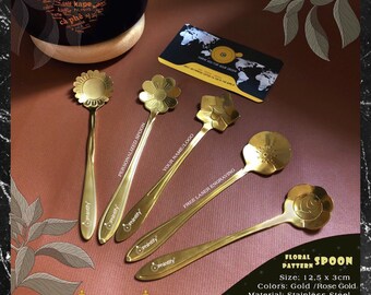 Floral Pattern Spoon - Set 5pcs/8pcs - Free laser engraving - Stainless Steel - Coffee & tea spoon