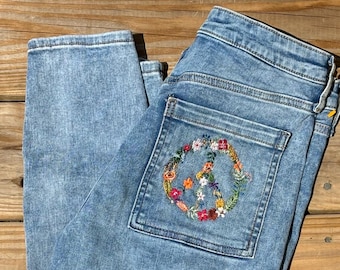 Thrifted High Rise Skinny Seamed Jeans with Embroidered Peace Flower Wreath