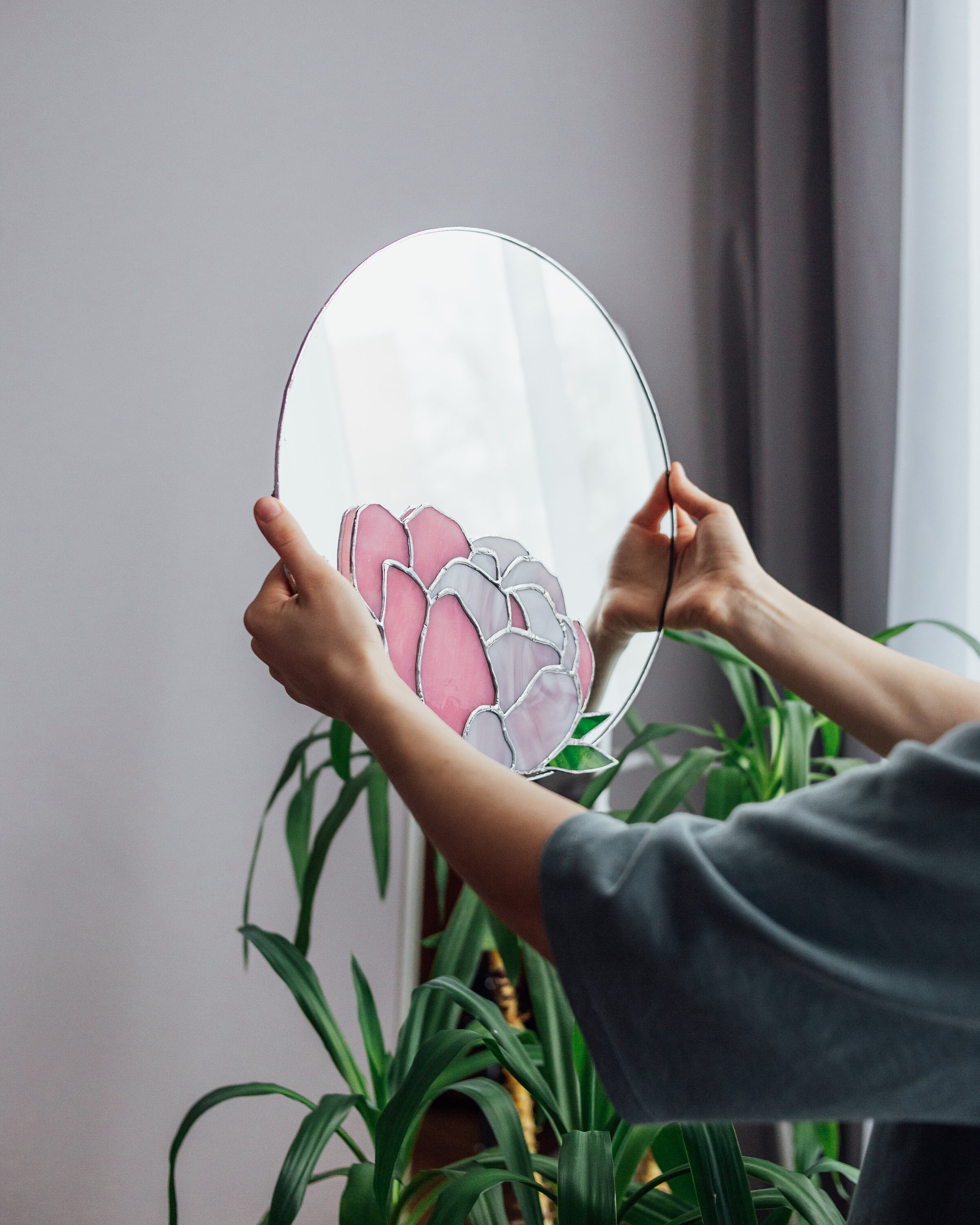 Espejo de tocador decorativo redondo con flor de peonía para | Etsy