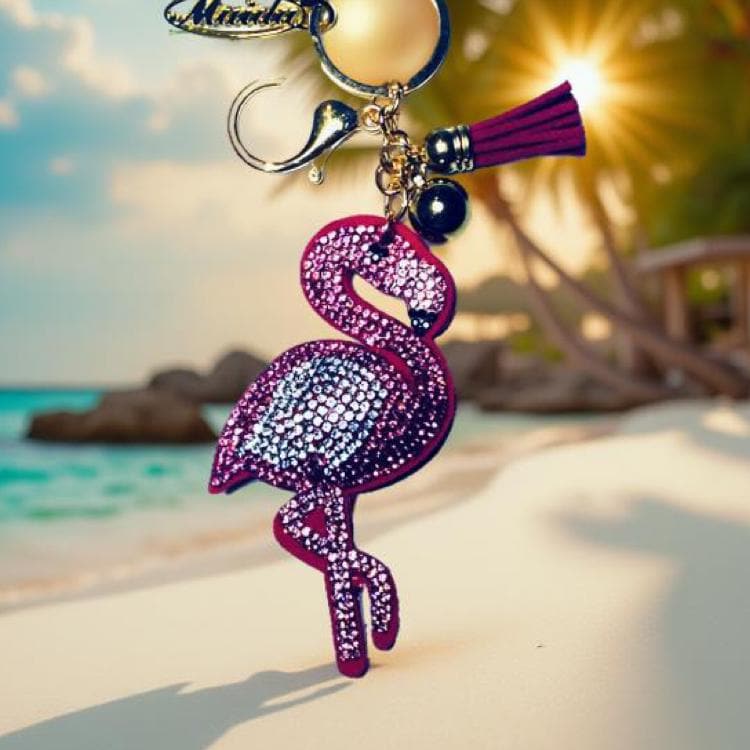 Pink Flamingo Rhinestone Key Chain Purse Bag Charm, Back pack, Bling Key ring, Palm Springs, Florida