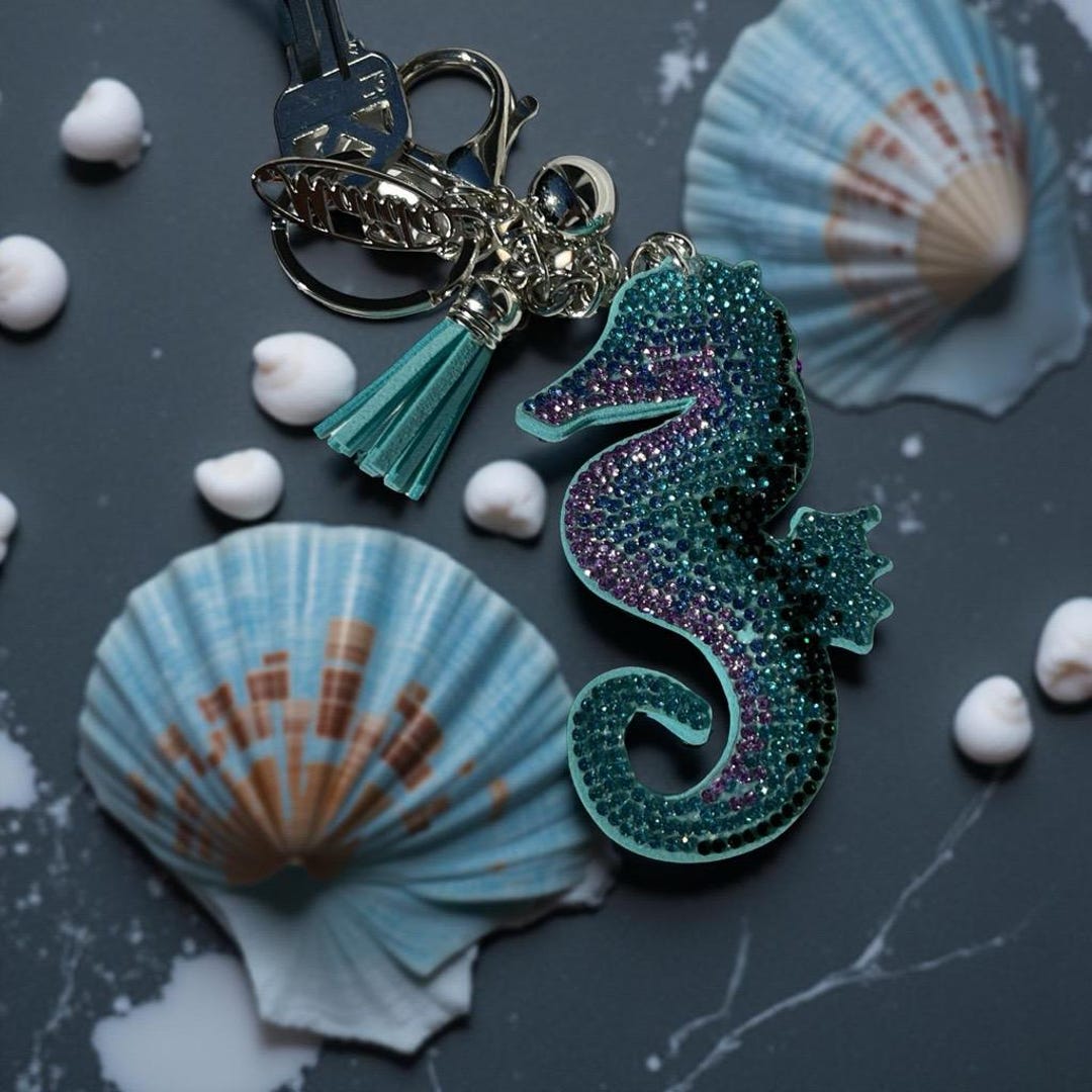 Blue Sea Horse Key Chain, Backpack Key Chain, Purse Bag Charm, Key ...