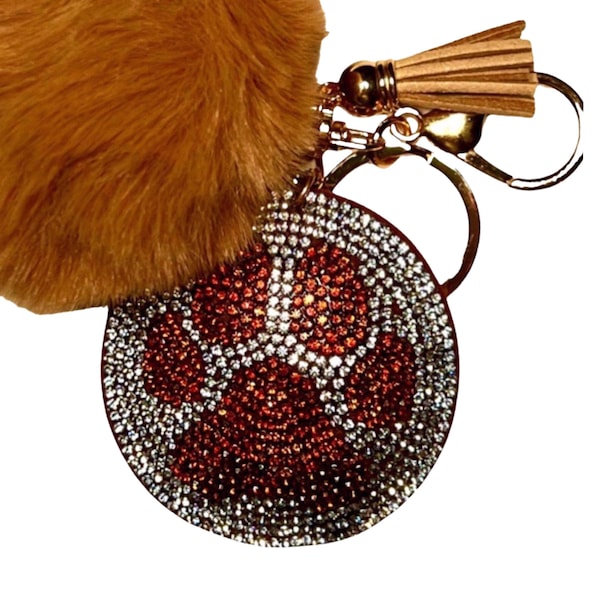 Pet Paw Brown w/ Pom Pom Rhinestone Key Chain Purse Bag Charm, Back pack, Bling Key ring, Cat, Dog, Animal