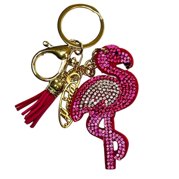 Pink Flamingo Rhinestone Key Chain Purse Bag Charm, Back pack, Bling Key ring, Palm Springs, Florida