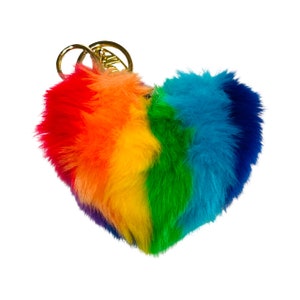 Rainbow Faux Fur Heart Key Chain  Purse Bag Charm, Back pack, Bling Key ring, LGBTQ, Inclusive