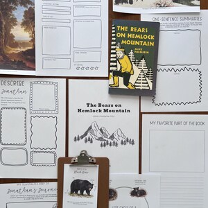 May include: A collection of educational worksheets and a book titled The Bears on Hemlock Mountain by Alice Dalgliesh. The materials include a book review form, character study pages, a map template, a life cycle diagram, and a clipboard.