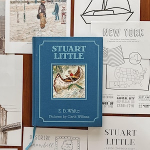 Könnte beinhalten: Ein blaues Buch mit dem Titel "Stuart Little" von E.B. White mit Illustrationen von Garth Williams. Der Buchumschlag zeigt eine kleine Maus in einem Kanu auf einem See. Das Buch ist Teil eines Buchbegleitstudiums für Kinder.
