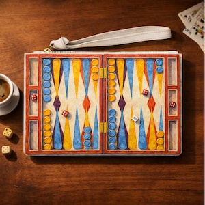 Puede incluir: Un bolso de mano con temática de backgammon con una correa de muñeca color crema y cremallera dorada. El bolso presenta un diseño detallado del tablero de backgammon en tonos azules, amarillos y naranjas, con dados esparcidos. Una taza de café y dados están sobre la superficie de madera.