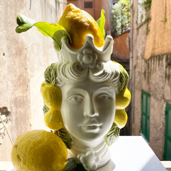 Testa di Moro Vase “Limone” Lemons/ Sicilian Moore head Porcelain Sicilian Head Vase