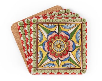Set of 4 Italian/Sicilian/ Baroque Design /Maiolica/Majolica Rainbow Corkwood Coasters