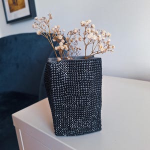 Black rhinestone vase, handmade flower vase, decorative vase with crystals, sparkly vase centerpiece, beaded vase, glam room decor