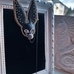 Fine jewelery beaded brooch, Halloween jewellery, statement embroidered brooch, leather bunny rabbit mask, rabbit animal brooch