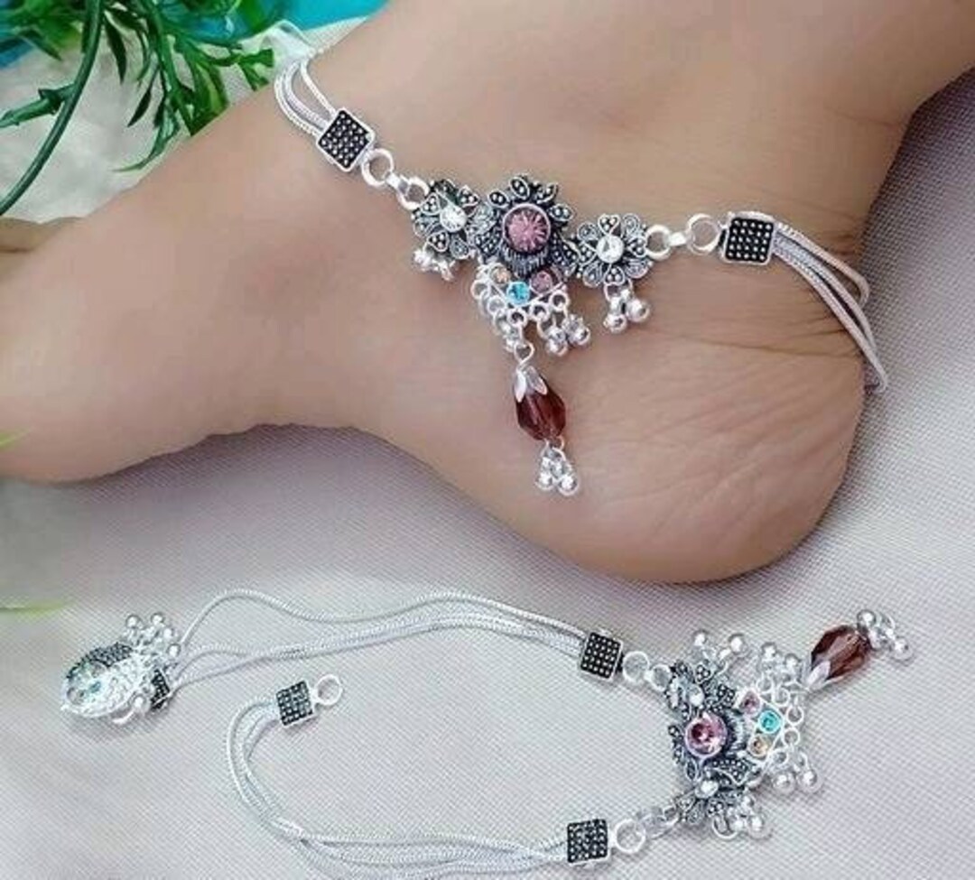 Pink Stone Silver Shine Anklet 3 Layer Chain Anklet Women Anklet