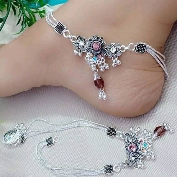 Pink stone silver shine anklet - 3 layer chain anklet - women anklet - bolywood desgin anklet - girls anklet - moms gift