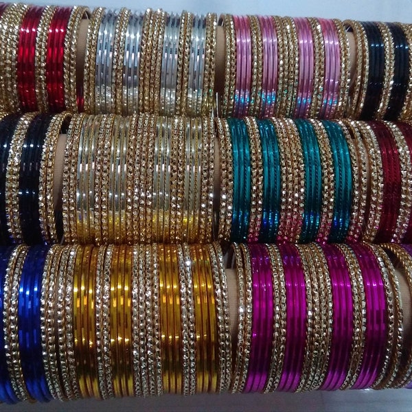 24 shiny metal bangles - shiny metal bangles with golden bangles - girls bangles - bridal bangles - women bangles - wedding bangles