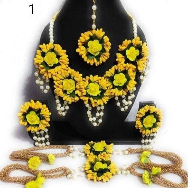 Yellow Artificial flowers jwellery - mehendi jwellery- haldi jwellery   - bridel jwellery  -baby shower - (6 desgin available)