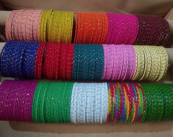 24 metal bangles - wedding bangles - women bangles - Non-Precious Metal, Golden Dot Traditional Metal Bangle Set  - 36 colours available