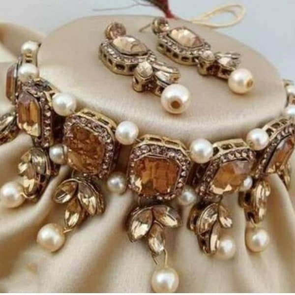 Pearl and kundan set - women choker - wedding jwellery - girls choker