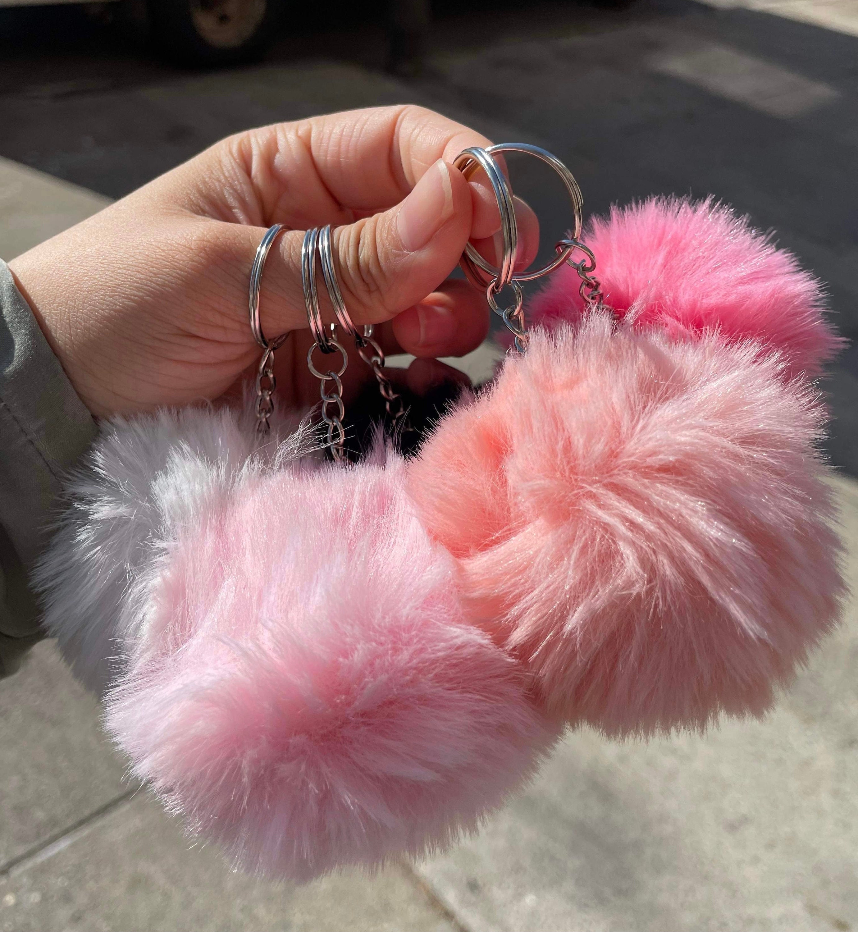 1pc Fluffy genuine pink color Pom Pom Charm Keychain,puffy ball ,bag purse  charm